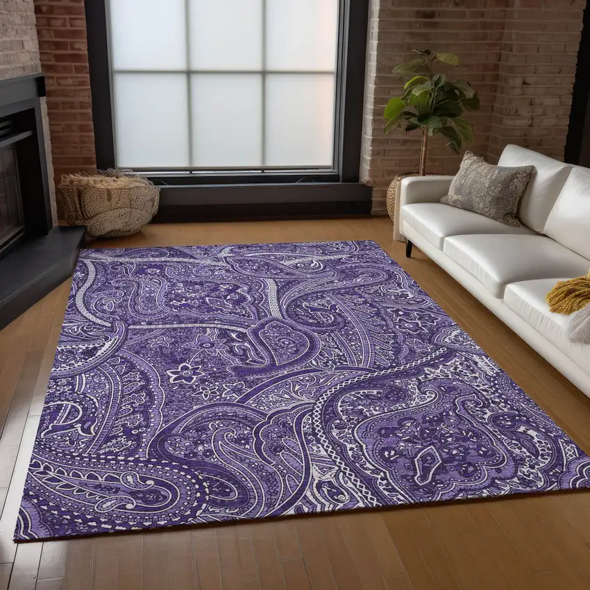 Purple Lavender And Silver Paisley Washable Indoor Outdoor Area Rug Photo 9