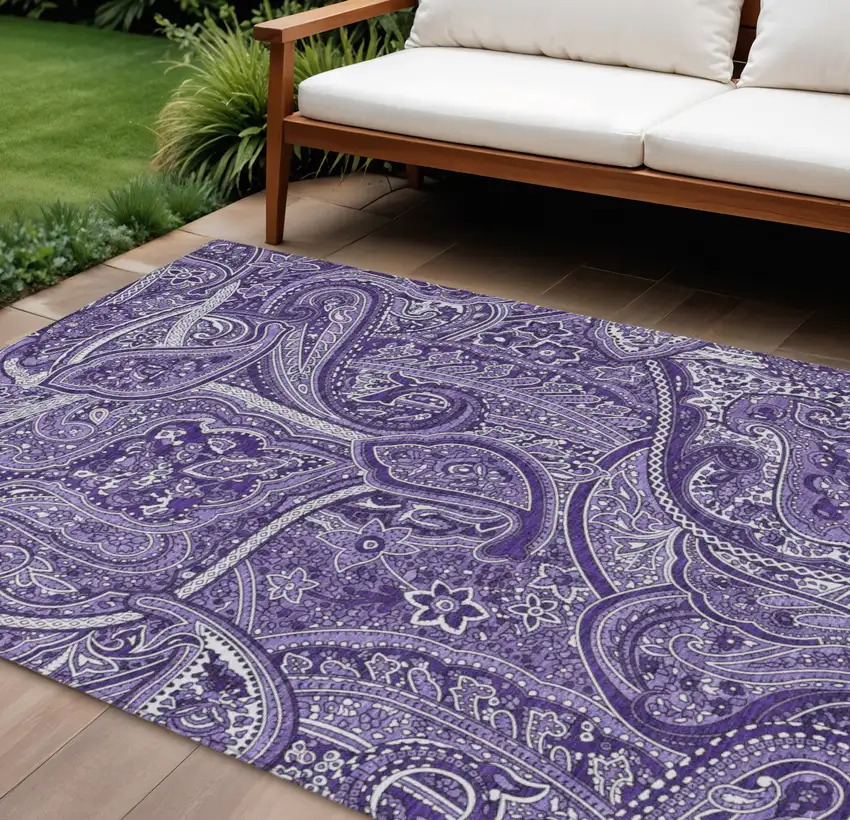 Purple Lavender And Silver Paisley Washable Indoor Outdoor Area Rug Photo 1