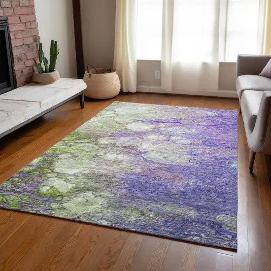 Purple Lilac And Artichoke Green Abstract Washable Indoor Outdoor Area Rug Photo 9