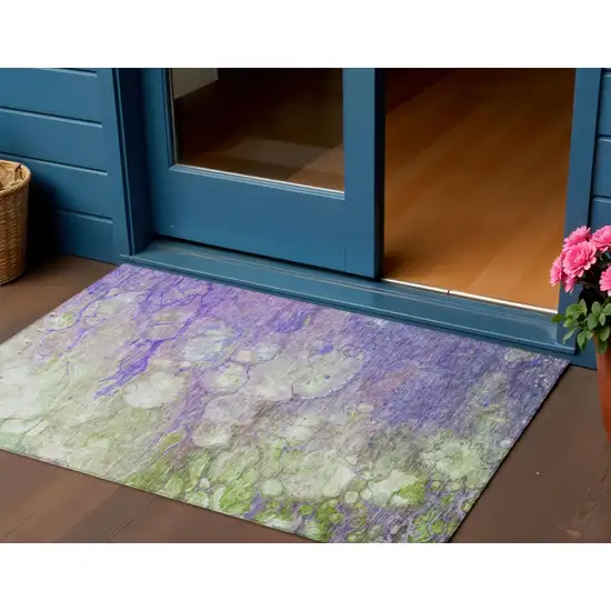 Purple Lilac And Artichoke Green Abstract Washable Indoor Outdoor Area Rug Photo 1