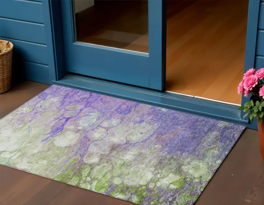 Purple Lilac And Artichoke Green Abstract Washable Indoor Outdoor Area Rug Photo 1