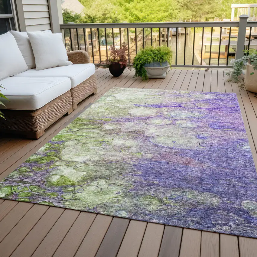 Purple Lilac And Artichoke Green Abstract Washable Indoor Outdoor Area Rug Photo 7