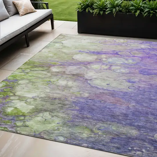 Purple Lilac And Artichoke Green Abstract Washable Indoor Outdoor Area Rug Photo 1