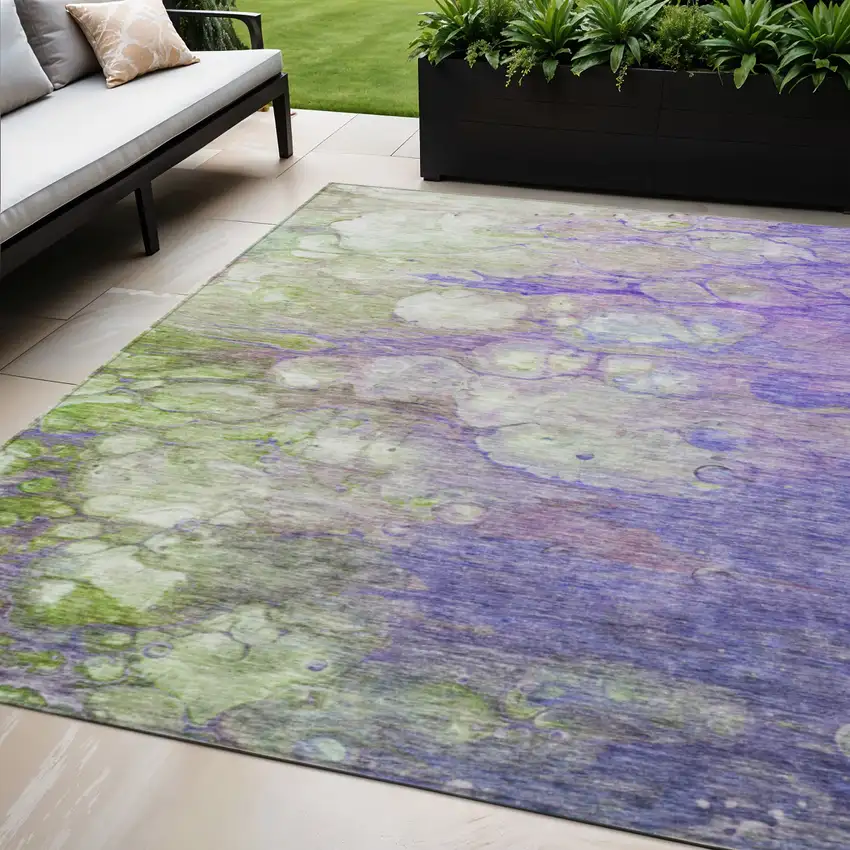 Purple Lilac And Artichoke Green Abstract Washable Indoor Outdoor Area Rug Photo 1