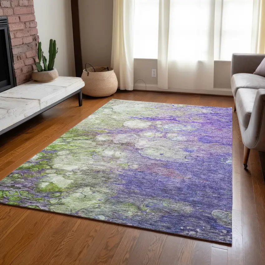 Purple Lilac And Artichoke Green Abstract Washable Indoor Outdoor Area Rug Photo 9