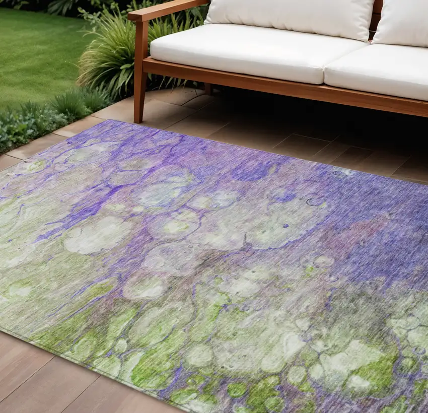Purple Lilac And Artichoke Green Abstract Washable Indoor Outdoor Area Rug Photo 1