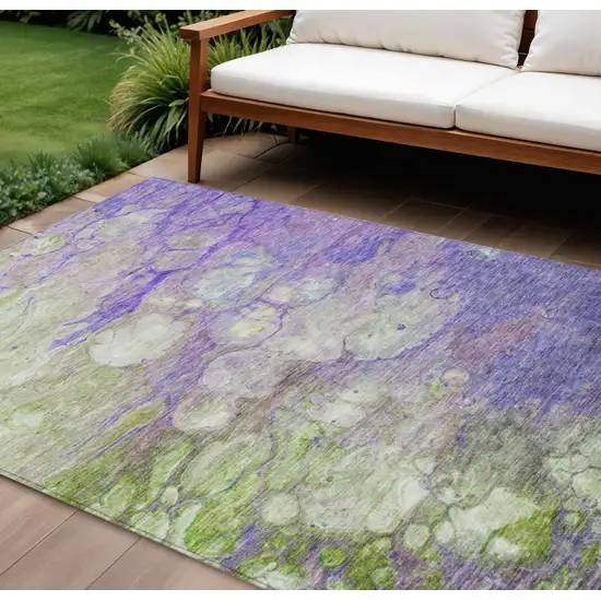 Purple Lilac And Artichoke Green Abstract Washable Indoor Outdoor Area Rug Photo 1