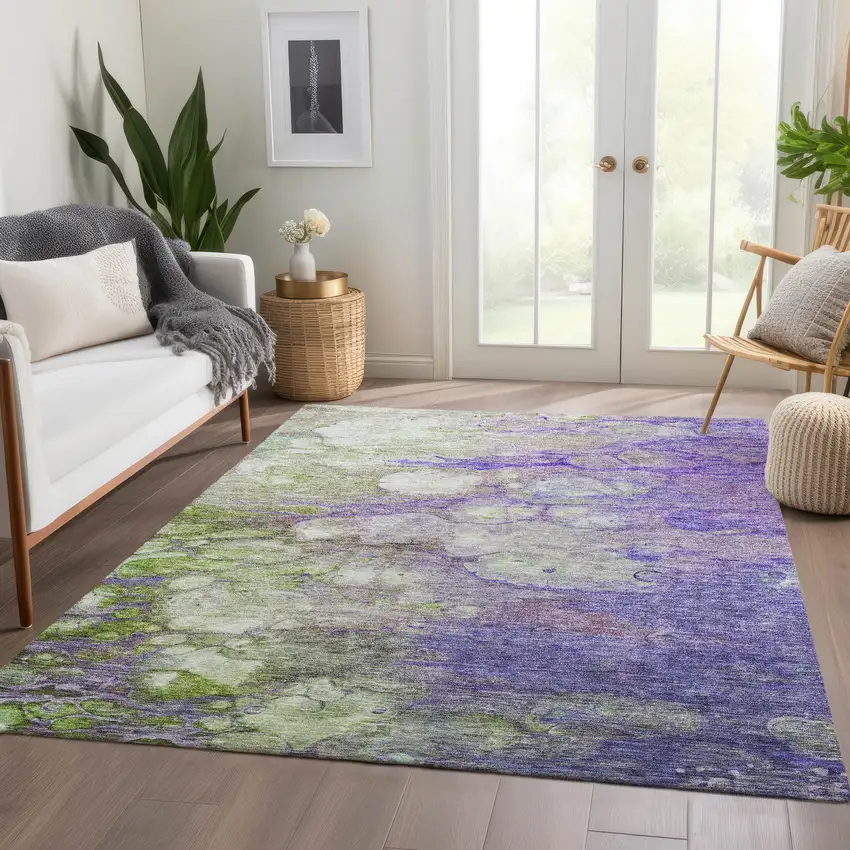 Purple Lilac And Artichoke Green Abstract Washable Indoor Outdoor Area Rug Photo 9