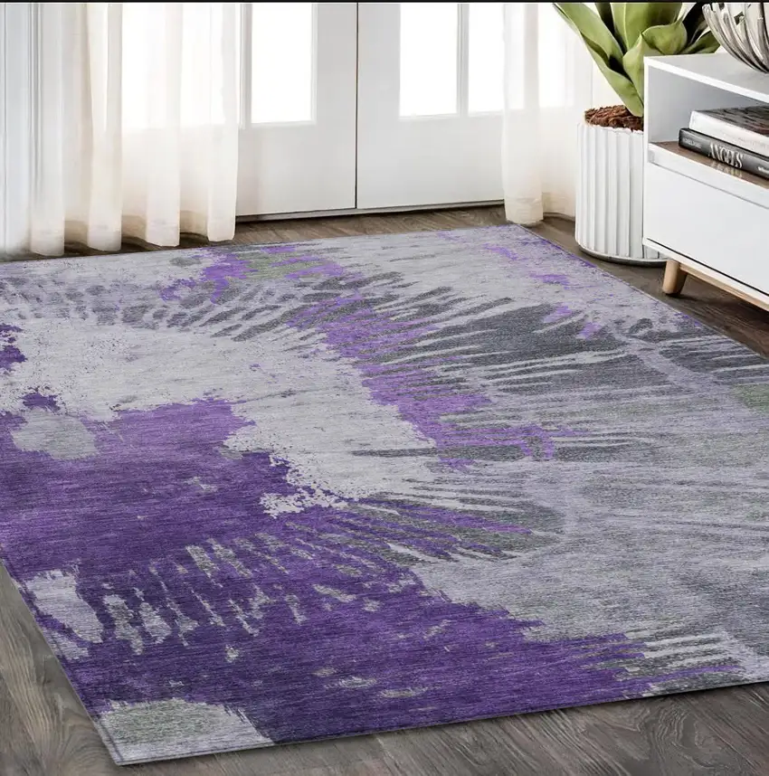 Purple Lilac And Eggplant Abstract Washable Indoor Outdoor Area Rug Photo 1