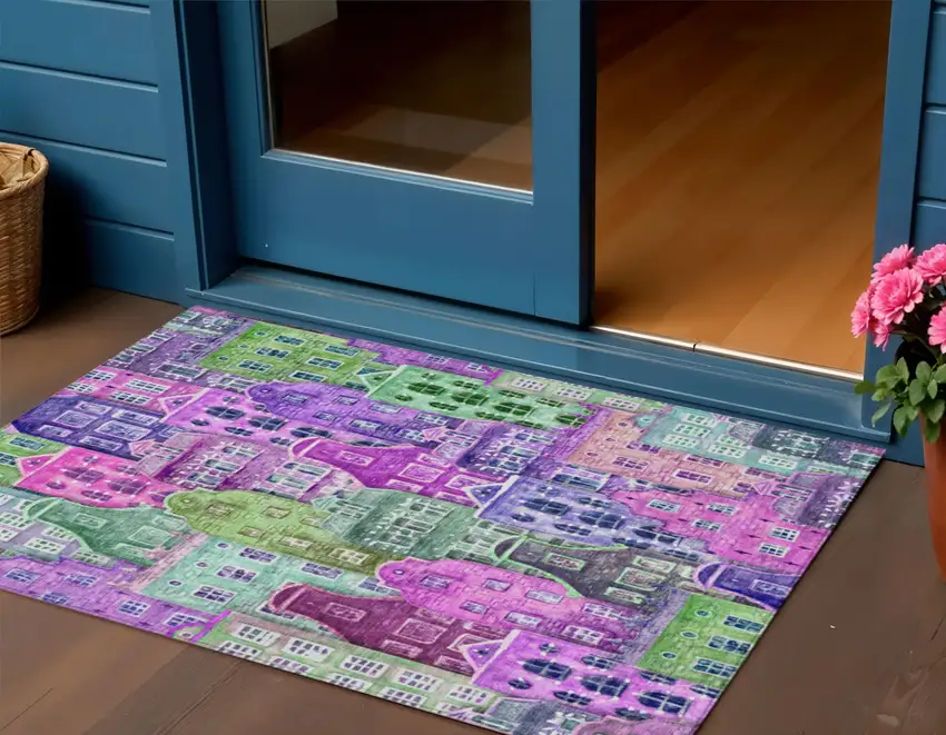 Purple Lilac And Green Village Houses Washable Indoor Outdoor Area Rug Photo 1