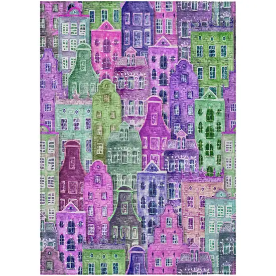 Purple Lilac And Green Village Houses Washable Indoor Outdoor Area Rug Photo 2