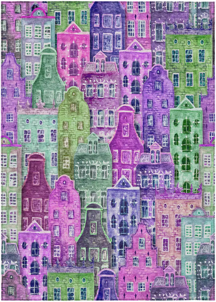 Purple Lilac And Green Village Houses Washable Indoor Outdoor Area Rug Photo 2