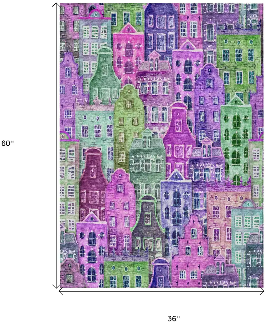 Purple Lilac And Green Village Houses Washable Indoor Outdoor Area Rug Photo 3