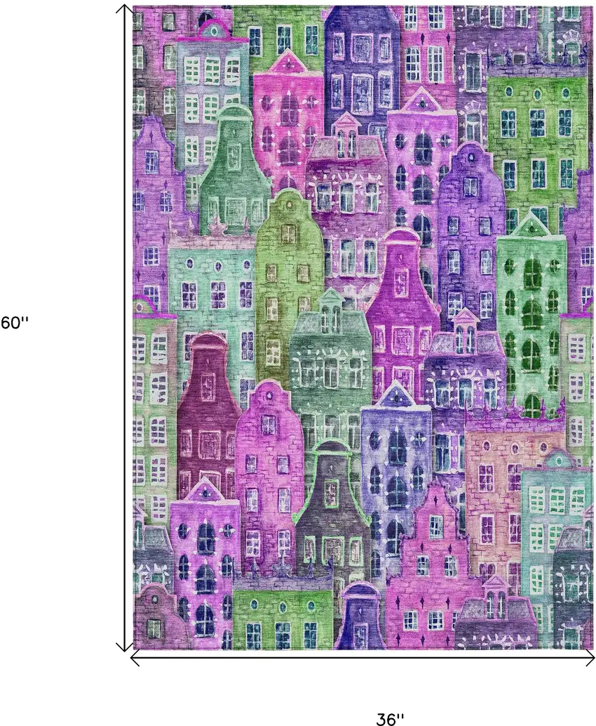 Purple Lilac And Green Village Houses Washable Indoor Outdoor Area Rug Photo 3