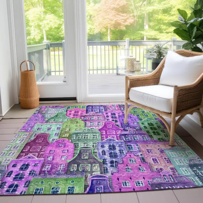 Purple Lilac And Green Village Houses Washable Indoor Outdoor Area Rug Photo 8