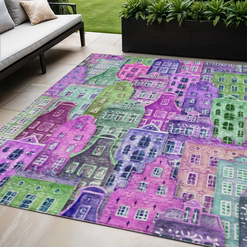 Purple Lilac And Green Village Houses Washable Indoor Outdoor Area Rug Photo 1