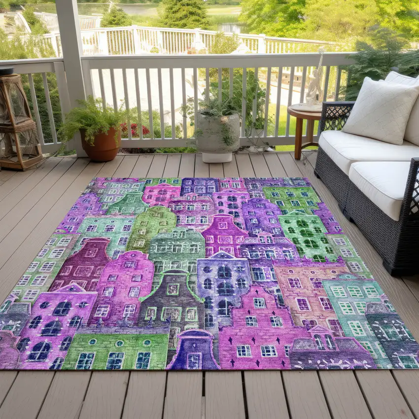 Purple Lilac And Green Village Houses Washable Indoor Outdoor Area Rug Photo 9