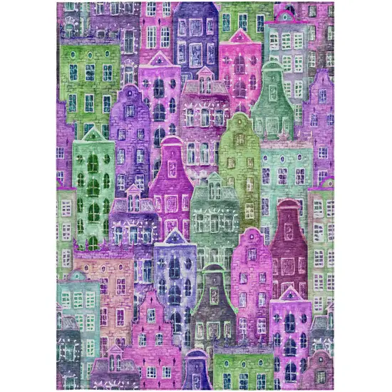 Purple Lilac And Green Village Houses Washable Indoor Outdoor Area Rug Photo 6