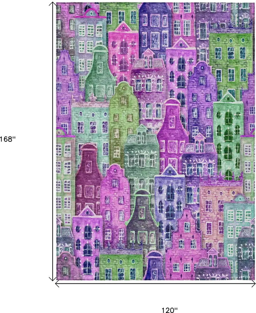 Purple Lilac And Green Village Houses Washable Indoor Outdoor Area Rug Photo 3
