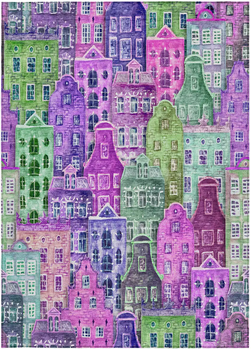 Purple Lilac And Green Village Houses Washable Indoor Outdoor Area Rug Photo 7