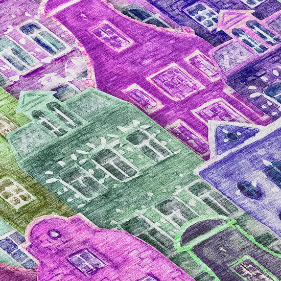 Purple Lilac And Green Village Houses Washable Indoor Outdoor Area Rug Photo 6
