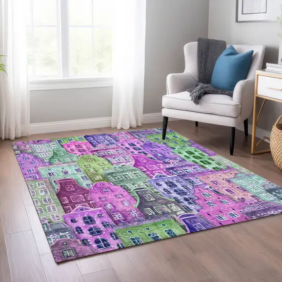 Purple Lilac And Green Village Houses Washable Indoor Outdoor Area Rug Photo 9