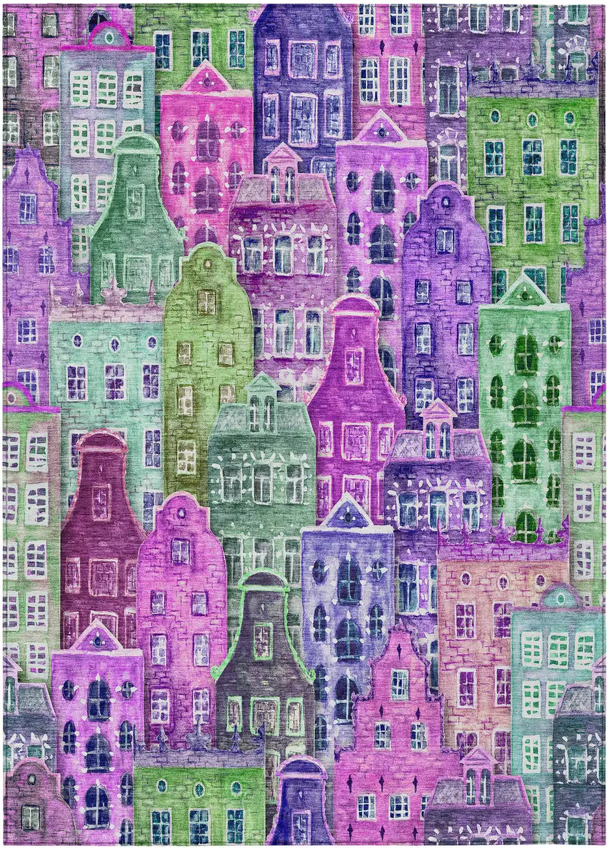 Purple Lilac And Green Village Houses Washable Indoor Outdoor Area Rug Photo 2