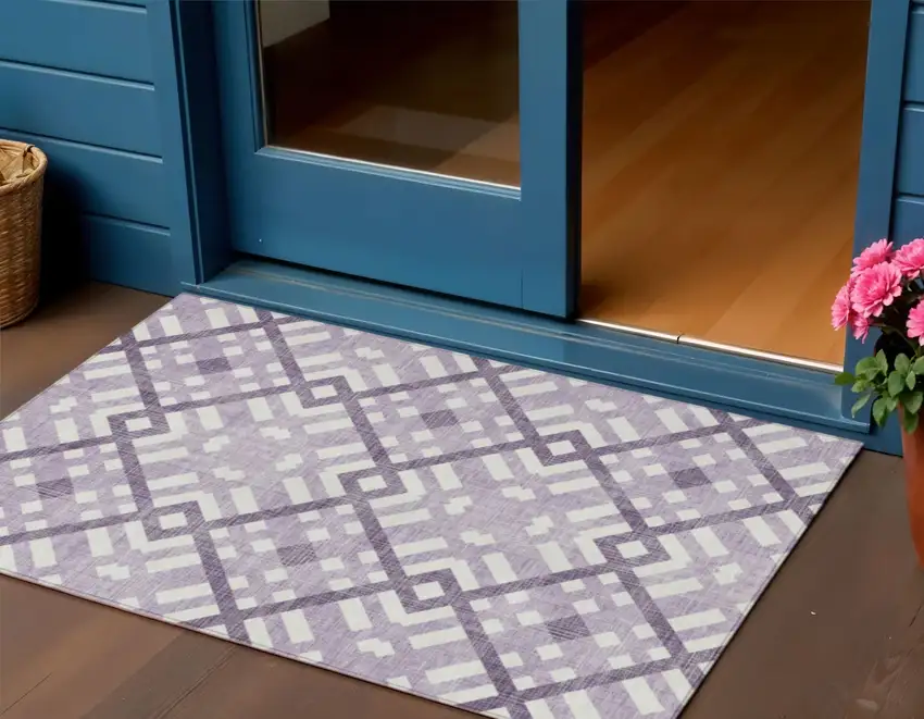 Purple Lilac And Ivory Geometric Washable Indoor Outdoor Area Rug Photo 1