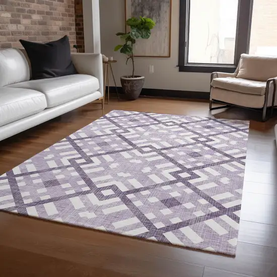 Purple Lilac And Ivory Geometric Washable Indoor Outdoor Area Rug Photo 7
