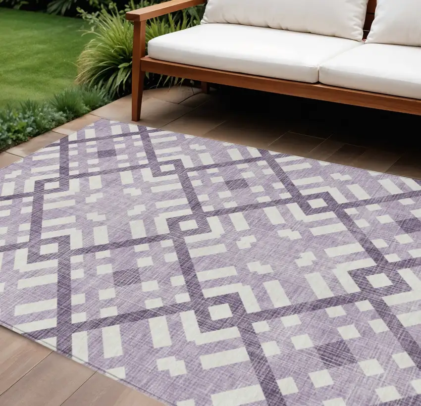 Purple Lilac And Ivory Geometric Washable Indoor Outdoor Area Rug Photo 1