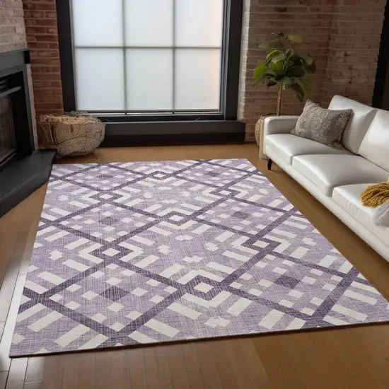 Purple Lilac And Ivory Geometric Washable Indoor Outdoor Area Rug Photo 8