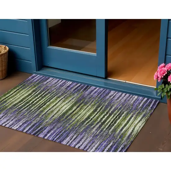 Purple Lilac And Lavender Striped Washable Indoor Outdoor Area Rug Photo 1
