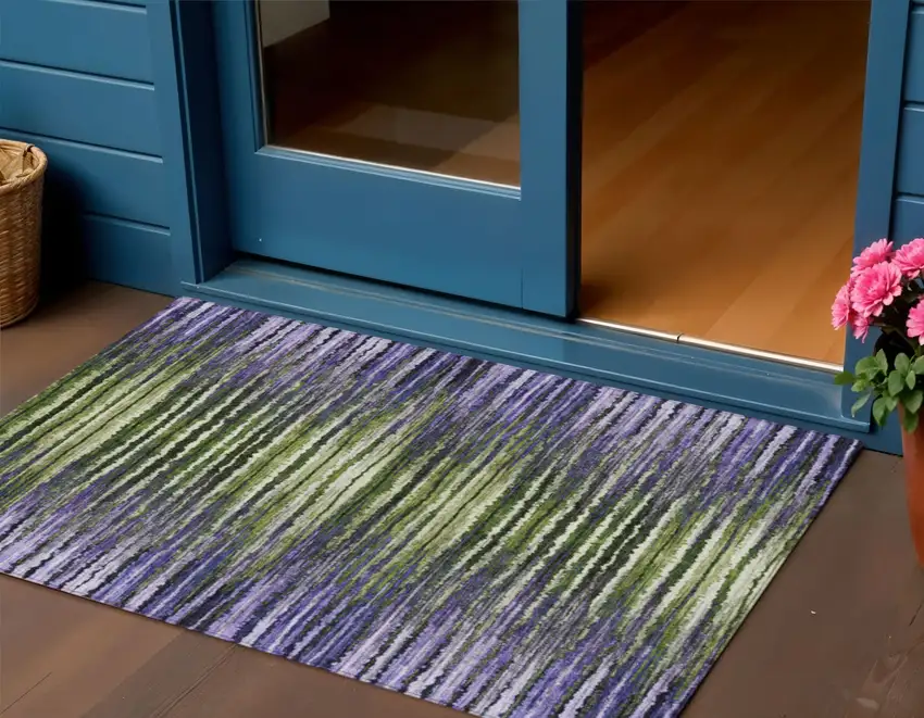 Purple Lilac And Lavender Striped Washable Indoor Outdoor Area Rug Photo 1