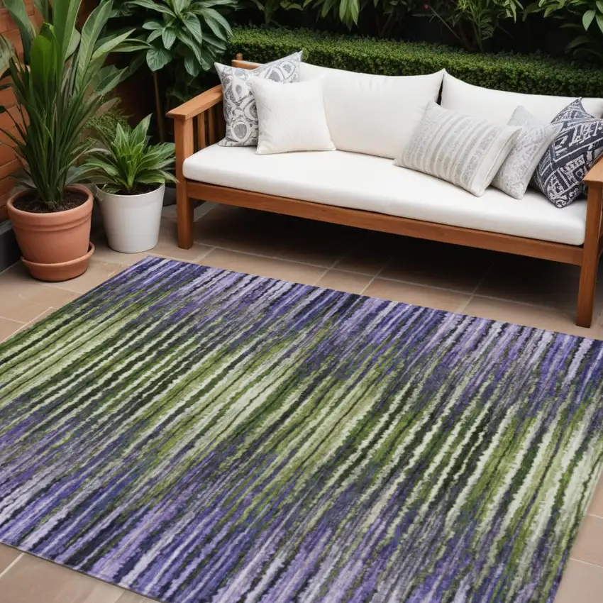 Purple Lilac And Lavender Striped Washable Indoor Outdoor Area Rug Photo 1