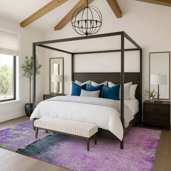 Purple Lime Green And Teal Abstract Washable Area Rug With UV Protection Photo 4