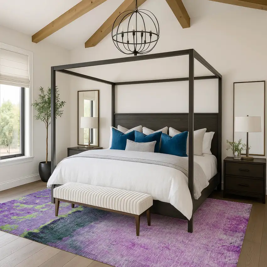 Purple Lime Green And Teal Abstract Washable Area Rug With UV Protection Photo 4