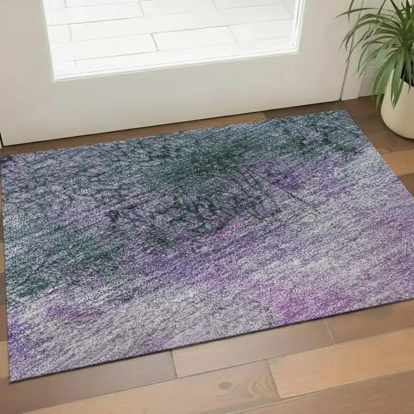 Purple Lime Green And Teal Abstract Washable Area Rug With UV Protection Photo 2