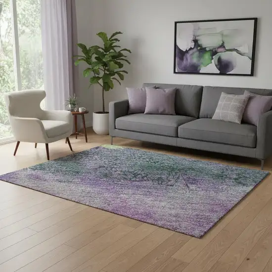 Purple Lime Green And Teal Abstract Washable Area Rug With UV Protection Photo 2