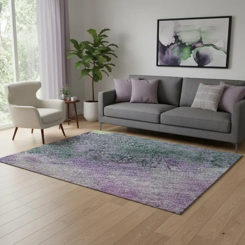 Purple Lime Green And Teal Abstract Washable Area Rug With UV Protection Photo 2