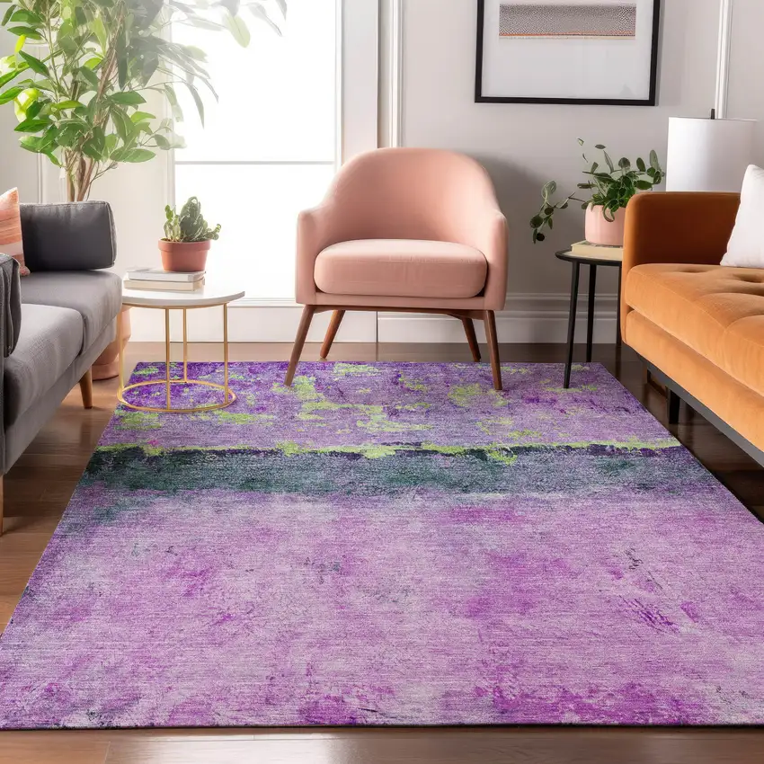 Purple Lime Green And Teal Abstract Washable Area Rug With UV Protection Photo 5