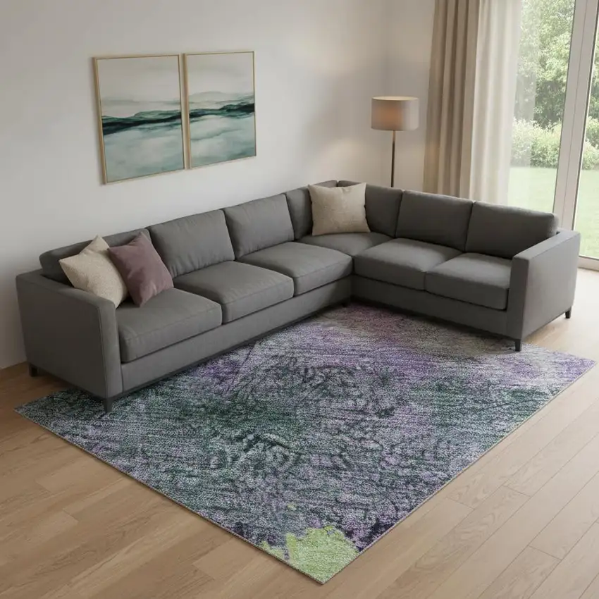 Purple Lime Green And Teal Abstract Washable Area Rug With UV Protection Photo 2