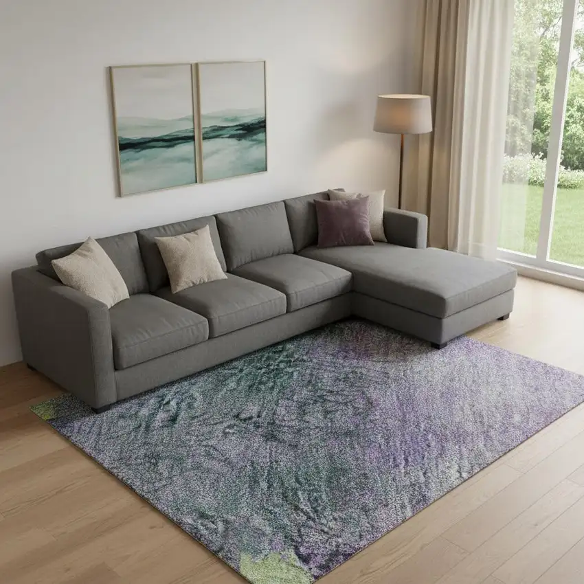 Purple Lime Green And Teal Abstract Washable Area Rug With UV Protection Photo 2