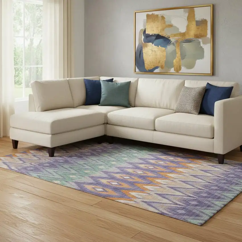 Purple Mint Green And Beige Southwestern Washable Area Rug With UV Protection Photo 1