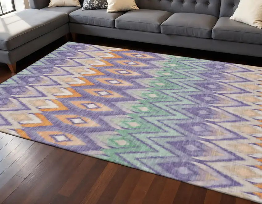 Purple Mint Green And Beige Southwestern Washable Area Rug With UV Protection Photo 2