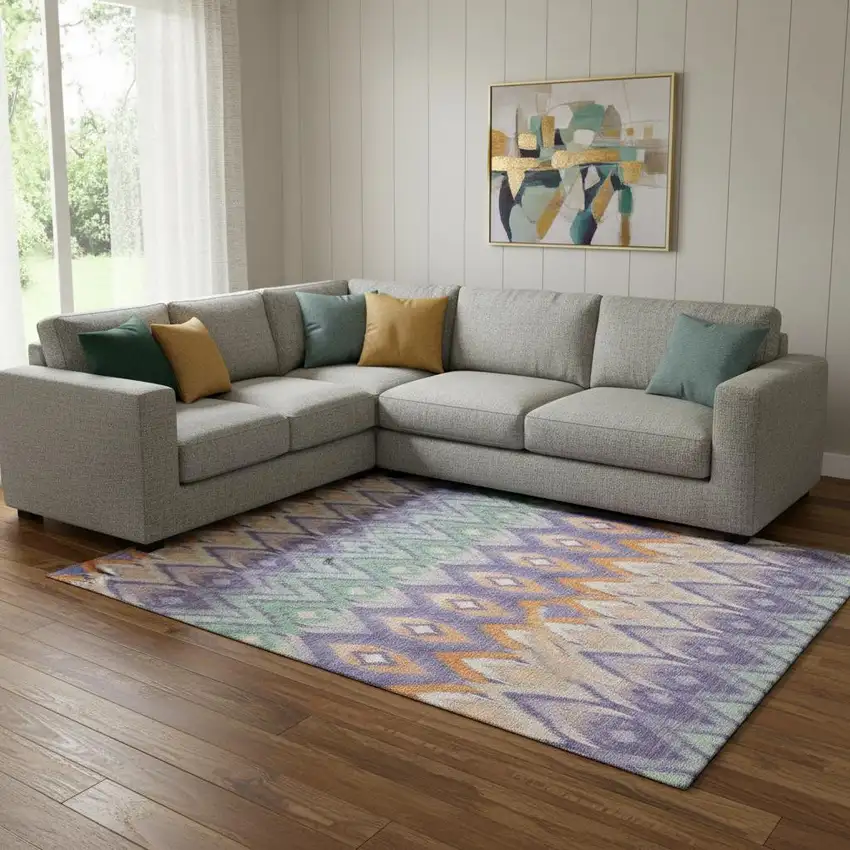 Purple Mint Green And Beige Southwestern Washable Area Rug With UV Protection Photo 1