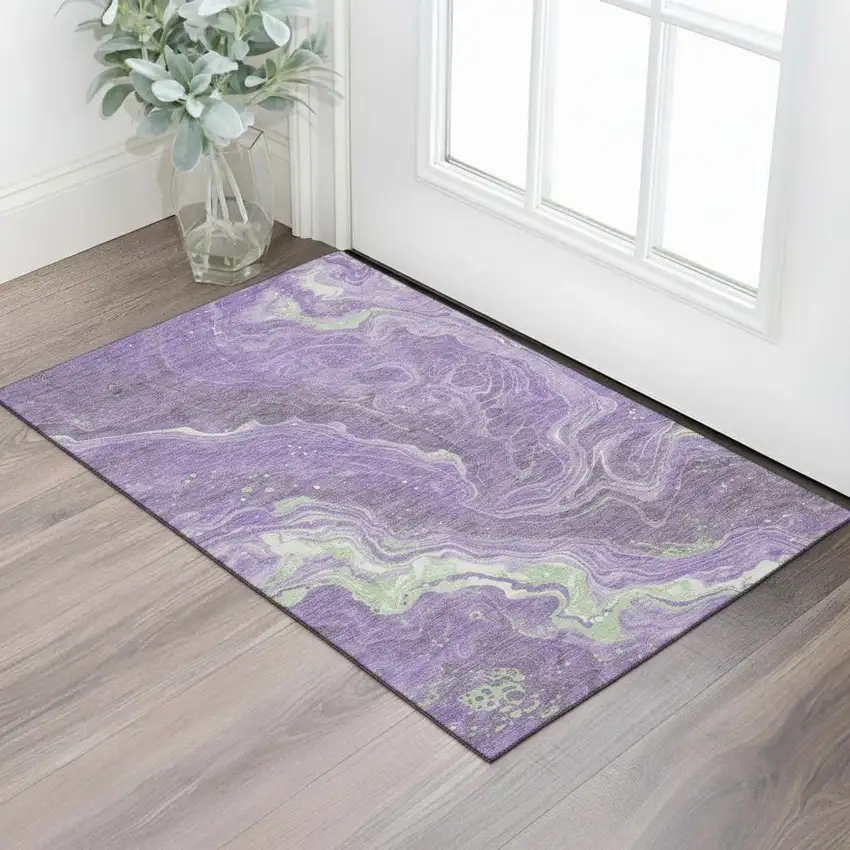 Purple Mint Green And Ivory Abstract Washable Area Rug With UV Protection Photo 1