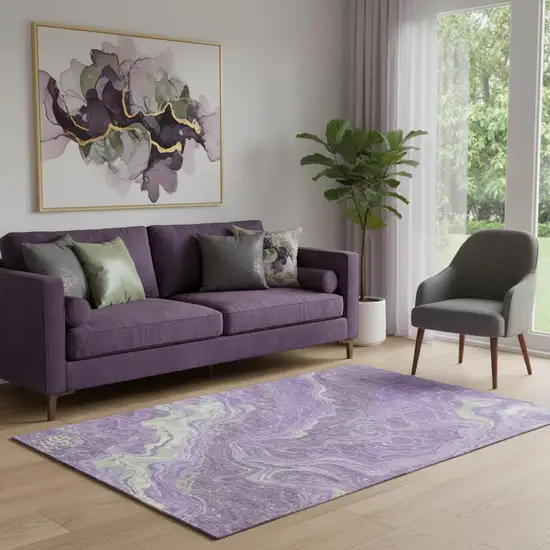 Purple Mint Green And Ivory Abstract Washable Area Rug With UV Protection Photo 2