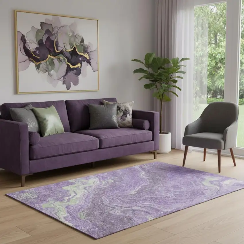 Purple Mint Green And Ivory Abstract Washable Area Rug With UV Protection Photo 2