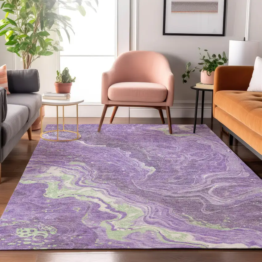 Purple Mint Green And Ivory Abstract Washable Area Rug With UV Protection Photo 5