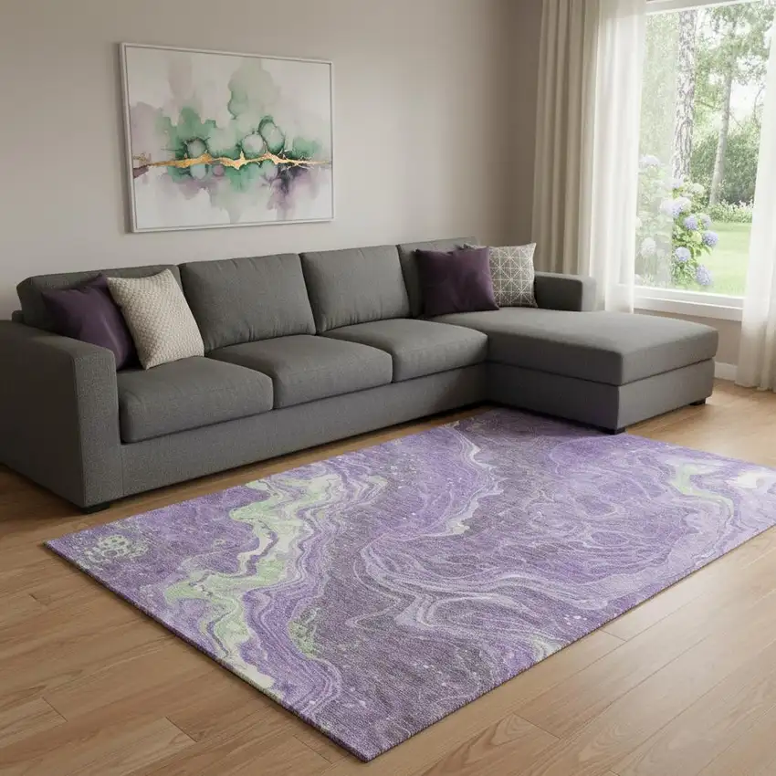 Purple Mint Green And Ivory Abstract Washable Area Rug With UV Protection Photo 2